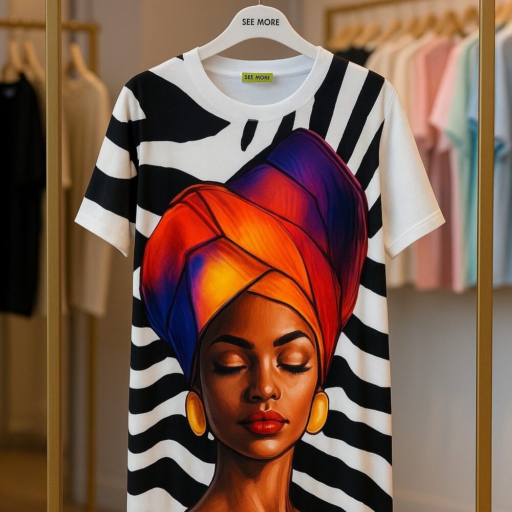 Oversized Vibrant African Print Graphic Tee with Bold Headwrap design